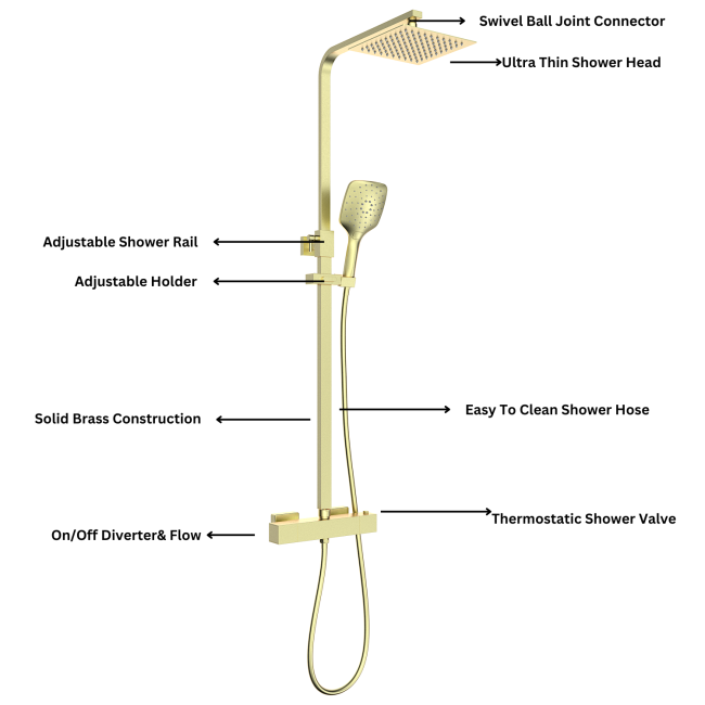 Brushed Brass Thermostatic Mixer Shower Set with Square Overhead & Hand Shower - Zana