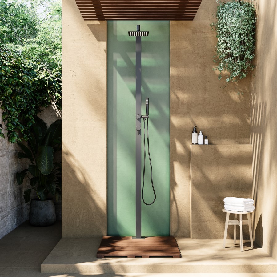 Black Thermostatic Mixer Outdoor 2 Outlets Shower Set with Wood Effect Base  - Zen