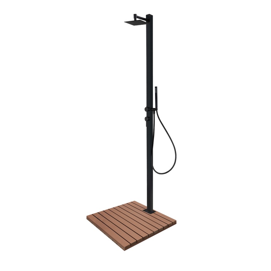 Black Thermostatic Mixer Outdoor 2 Outlets Shower Set with Wood Effect Base  - Zen