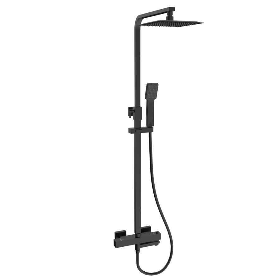 GRADE A1 - Black Square Thermostatic Bar Bath Mixer Shower Set with Slide Rail Kit & Hand Shower - Zana