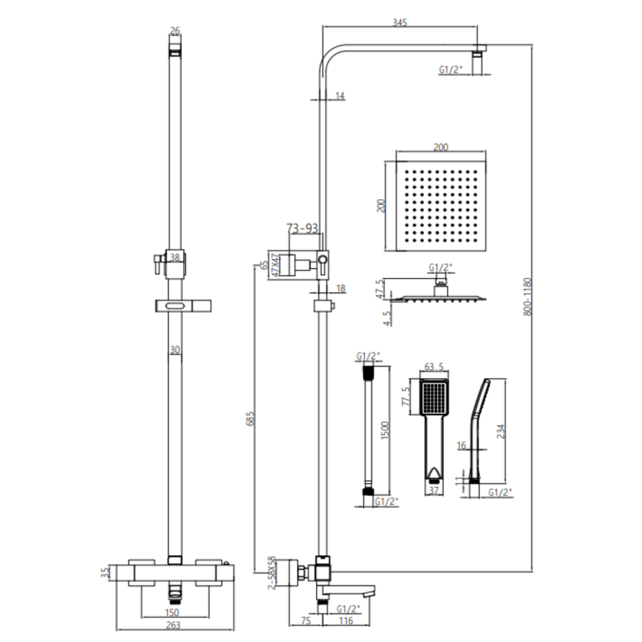 GRADE A1 - Black Square Thermostatic Bar Bath Mixer Shower Set with Slide Rail Kit & Hand Shower - Zana