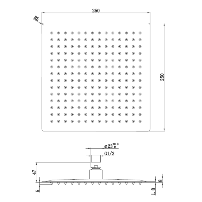 GRADE A1 - Black 250mm Slim Square Shower Head - Zana