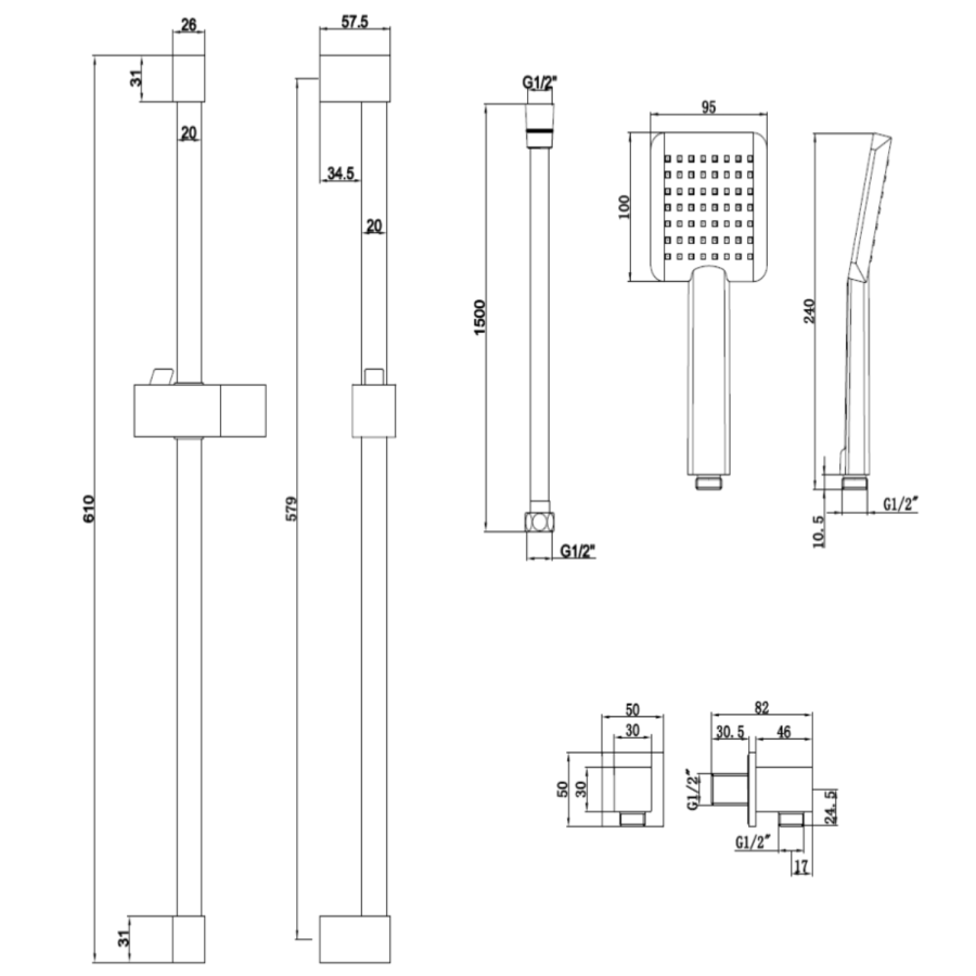 GRADE A2 - Black Square Adjustable Height Slide Rail Kit with Hand Shower - Zana